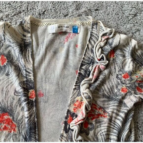 38 SPARROW ANTHROPOLOGIE gray FLORAL Pima cotton RUFFLE OPEN CARDIGAN SWEATER - Picture 4 of 10